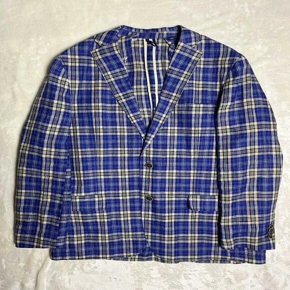 Daniel Cremieux Linen Sport Coat Men's L Bold Blue Plaid Blazer Unstructured